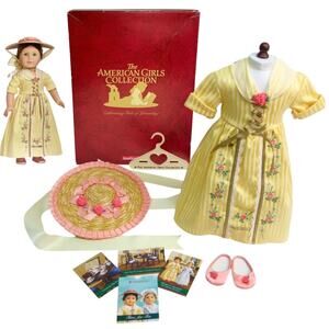 American Girl Doll Felicity Tea Lesson Outfit Dress Hat Shoes Cards Hanger Box